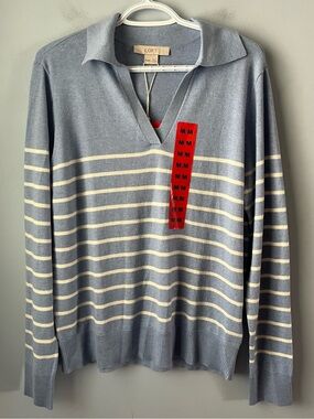 NWT LOFT Soft Blue & White Stripe V-Neck Cotton Blend Collared Sweater Size M